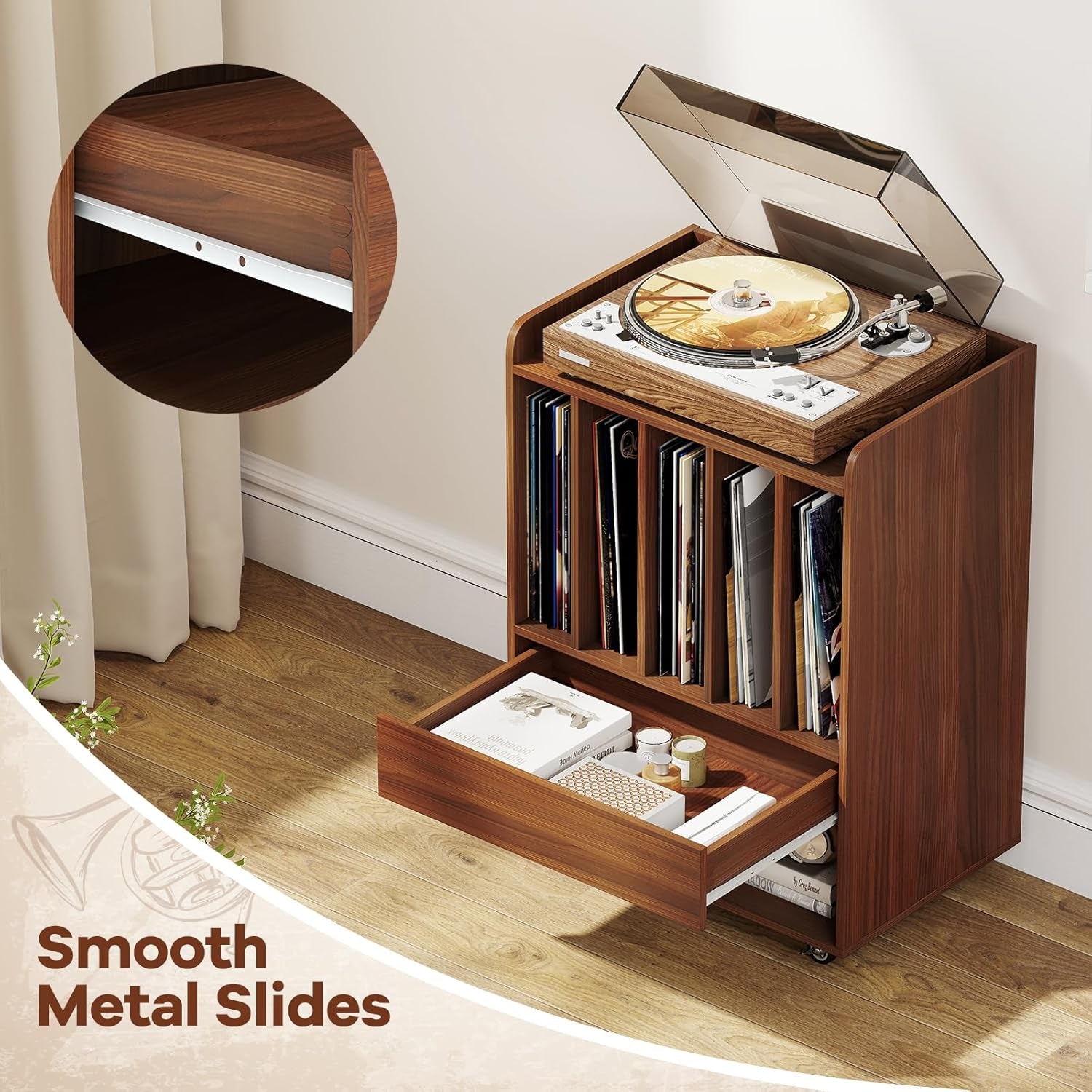 Record Player Stand, Rolling Turntable Stand with Drawer & Lockable Wheels, Record Player Table Holds up to 150 Albums, Vinyl Record Storage for Living Room Bedroom, Walnut