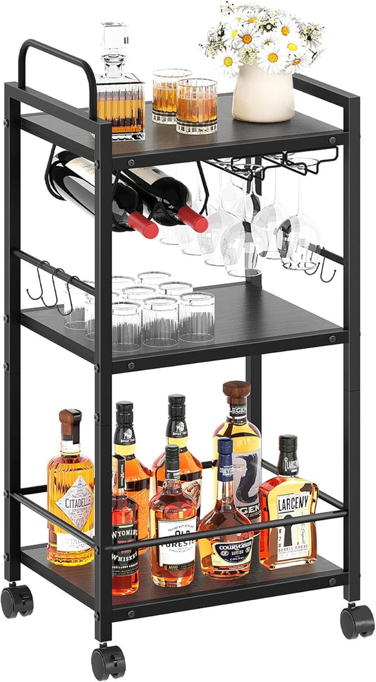 Bar Cart for the Home, 3 Tier Kitchen Carts with Wheels, Small Rolling Cart with Glass Holders, Wine Rack, Mini Bar Cart for Kitchen, Dining Room, Living Room, 13.0" D X 17.0" W X 33.8" H, Black