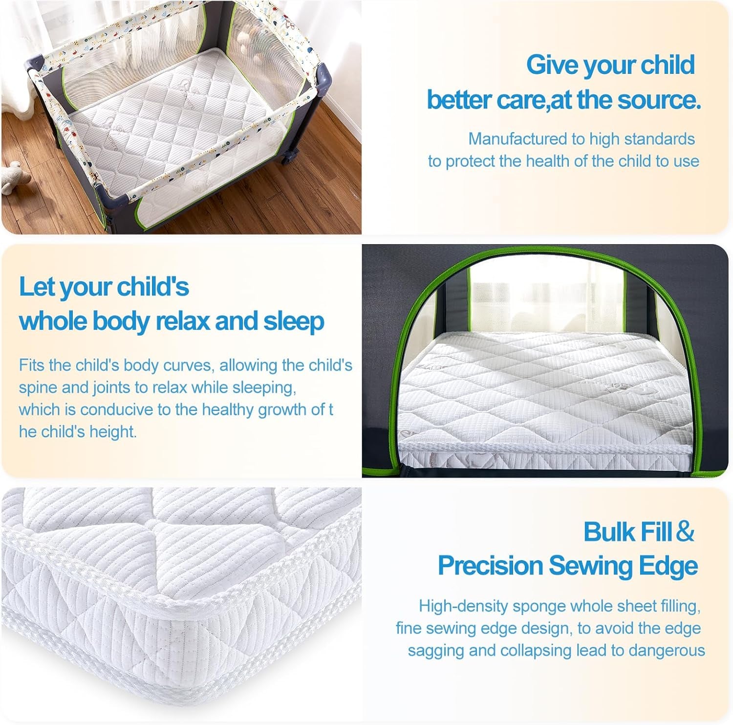Pack and Play Mattress (38 “X26 ”X1.5),Skin Friendly Fabric, Soft, Breathable and Quiet, Provides Baby Friendly Support and Helps Healthy Spine Development,Pack and Play Topper.