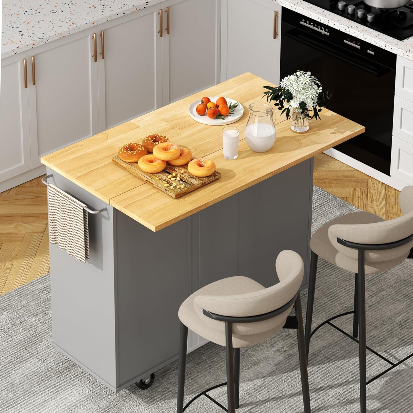 Kitchen Island with Folding Drop Leaf, Rolling Island Table with Storage, Kitchen Cabinet on Wheels with Seating Area for Kitchen, Bar Cart with Cabinet, Gray