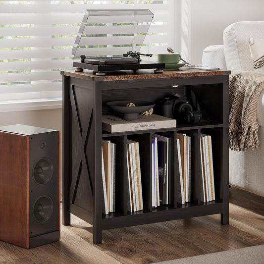 Large Record Player Stand with Charging Station & LED Light, Vinyl Record Holder Hold up to 300 Albums, Farmhouse End Table for Bedroom, Living Room, Black