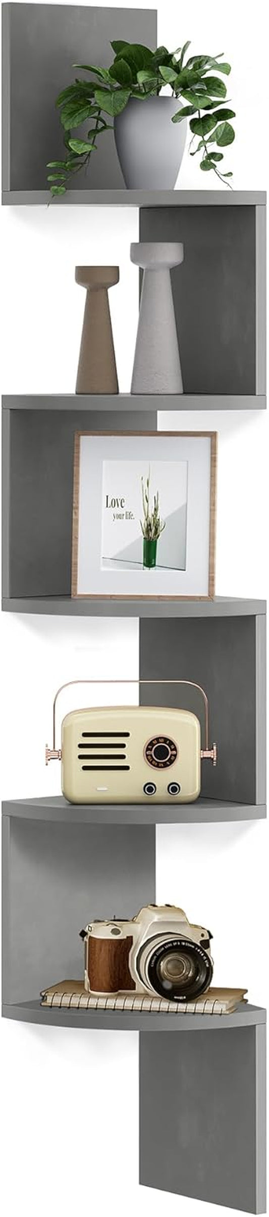 Corner Shelf Wall Mount, 5-Tier Floating Corner Bookshelf, Plant Shelf for Bedroom, Living Room, Bathroom, Home Office, Dove Gray