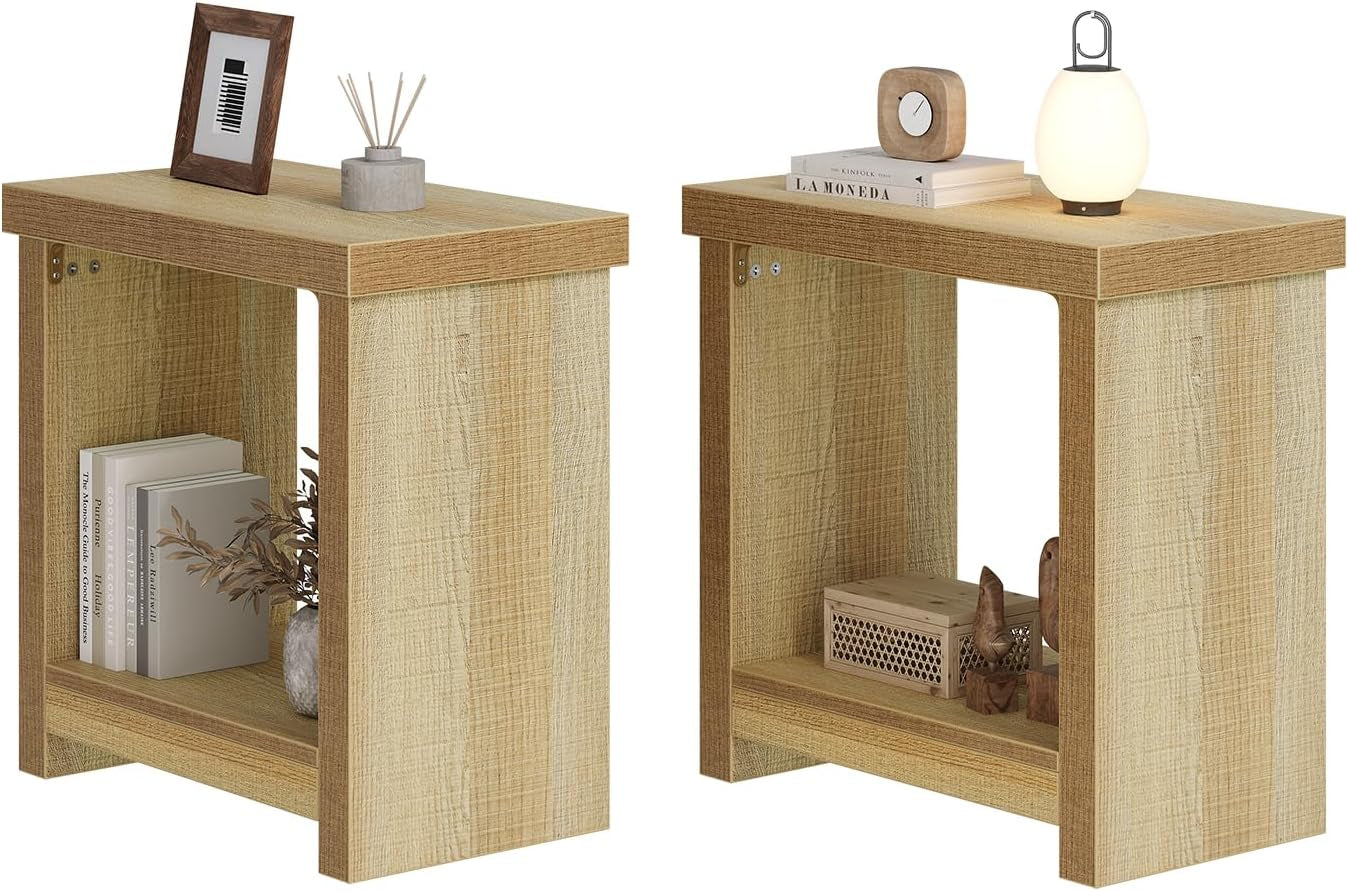End Tables Set of 2 for Living Room, Narrow Side Tables with Storage Shelves, Square End Table for Bedroom, Slim Nightstand, Skinny Rectangle Accent Table, Farmhouse Bedside Table, Natural (2 Pieces)