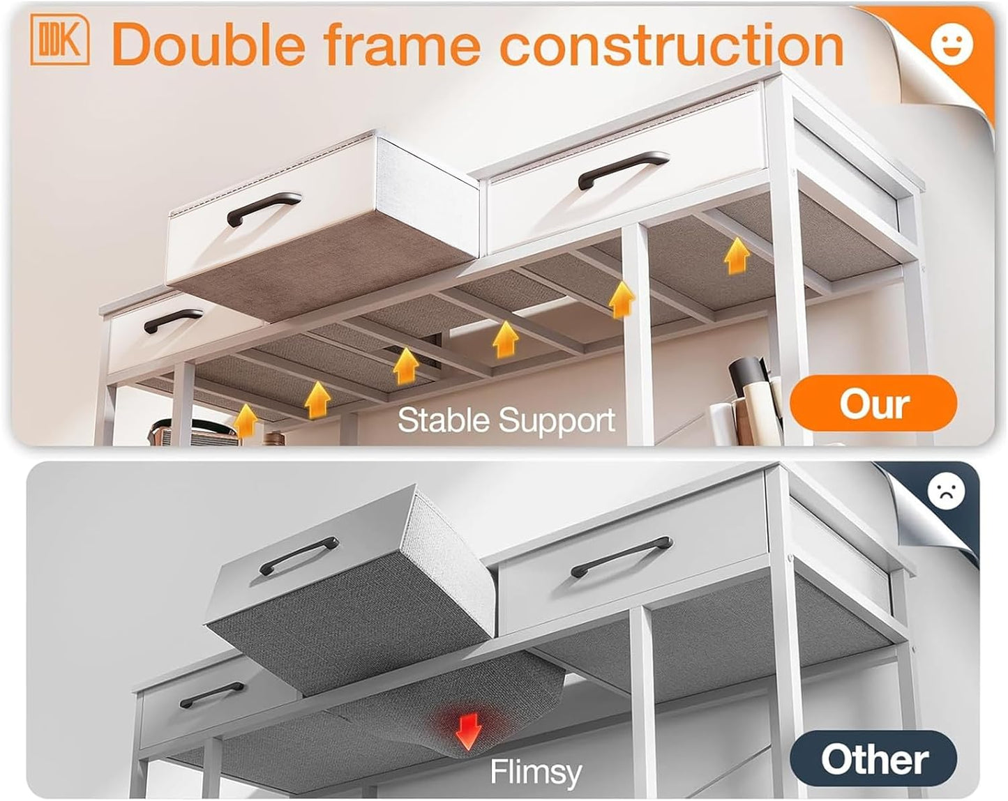 Office Small Computer Desk: Home Table with Fabric Drawers & Storage Shelves, Modern Writing Desk, White, 48"X16"