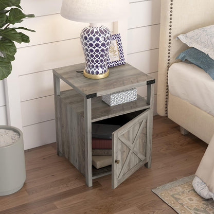 Grey farmhouse nightstand with charging station and storage, view 2