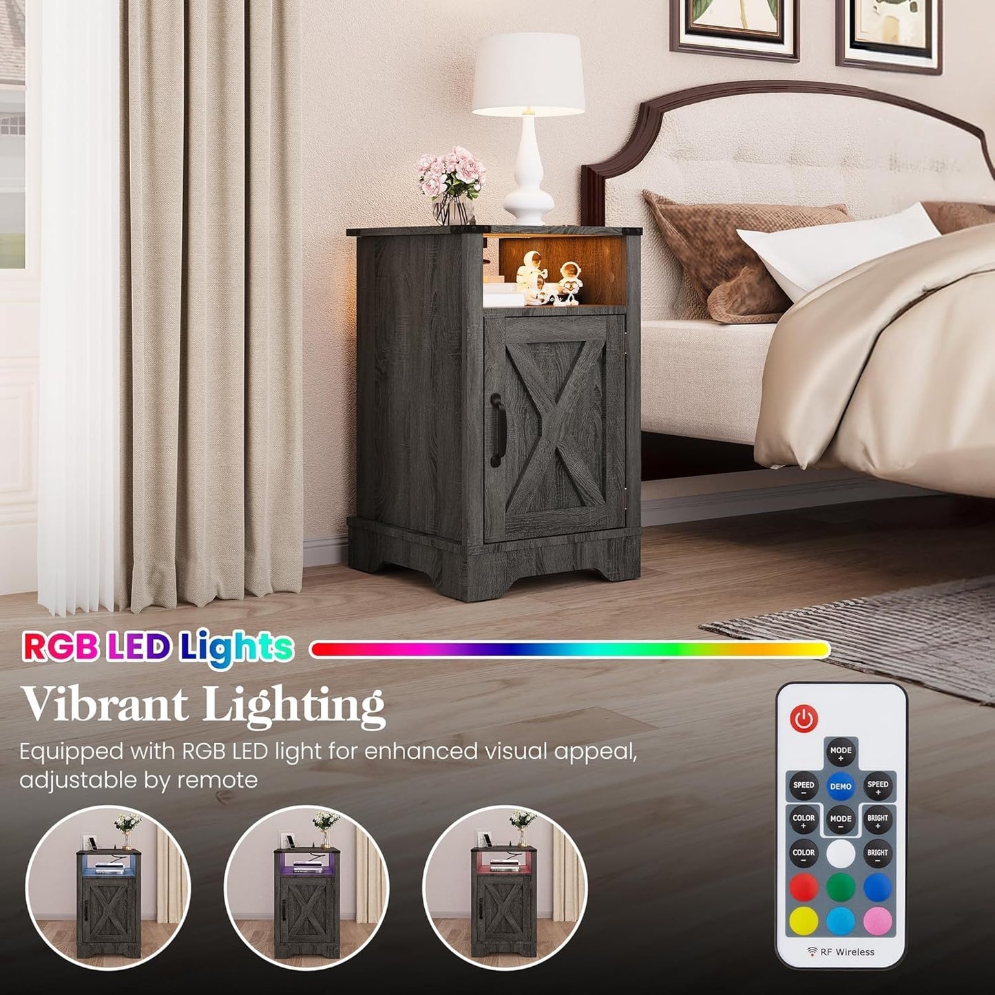 Farmhouse Nightstand, End Table with LED Lights and Charging Station, Tall Bedside Table with Large Storage and Shelf, Wooden Side Table for Bedroom, Home Office, Dark Grey