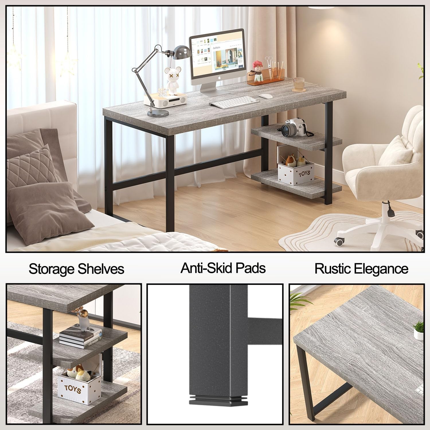 47 Inch Home Office Desk, Modern Computer Desk with Storage Shelves, Small Study Writing Gaming Table Workstation for Living Room Bedroom, Industrial Light Grey