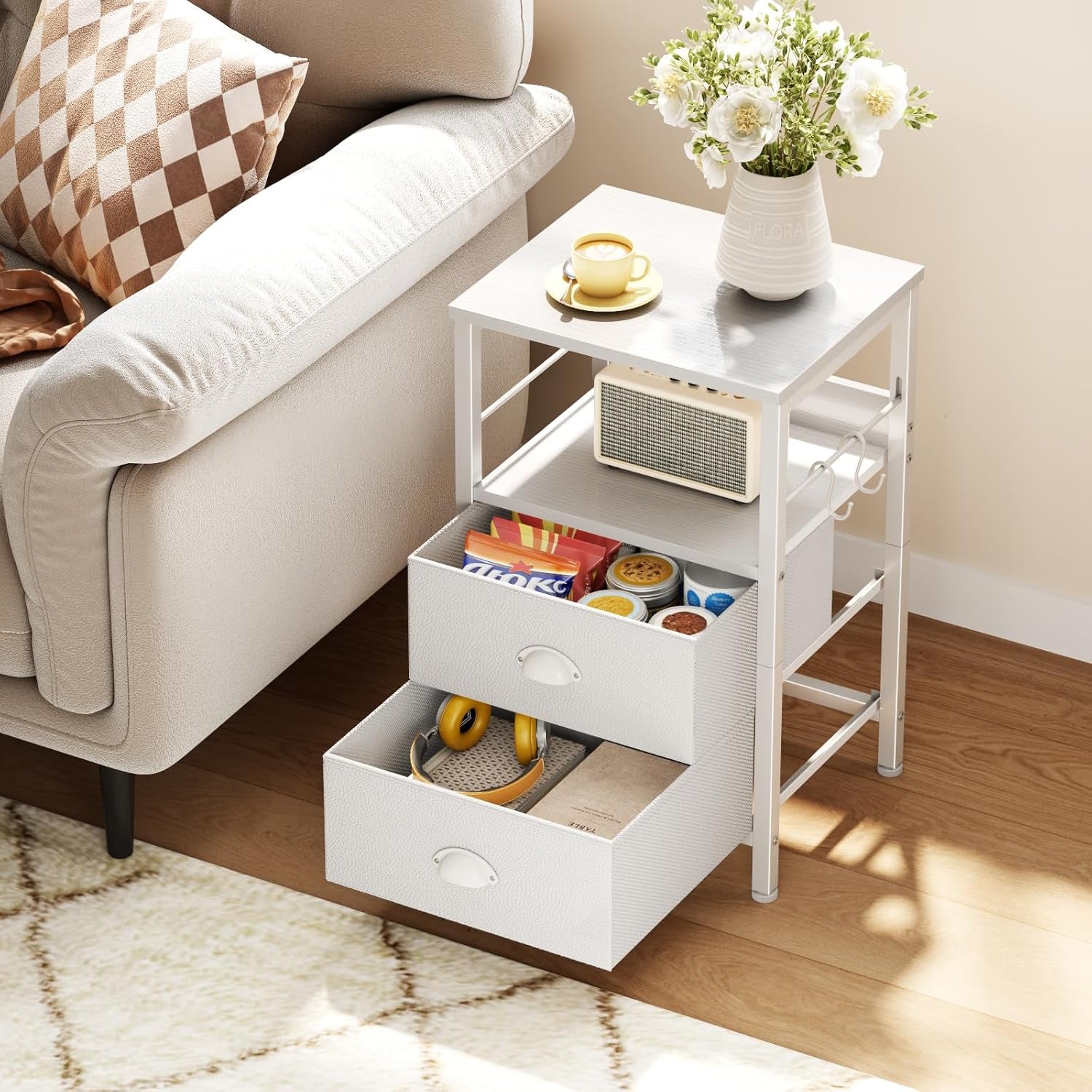 Nightstands Set of 2, End Table with 2 Fabric Drawers, Night Stand with 2 Hooks, Open Wood Shelf Bedside Table for Bedroom/Living Room/White