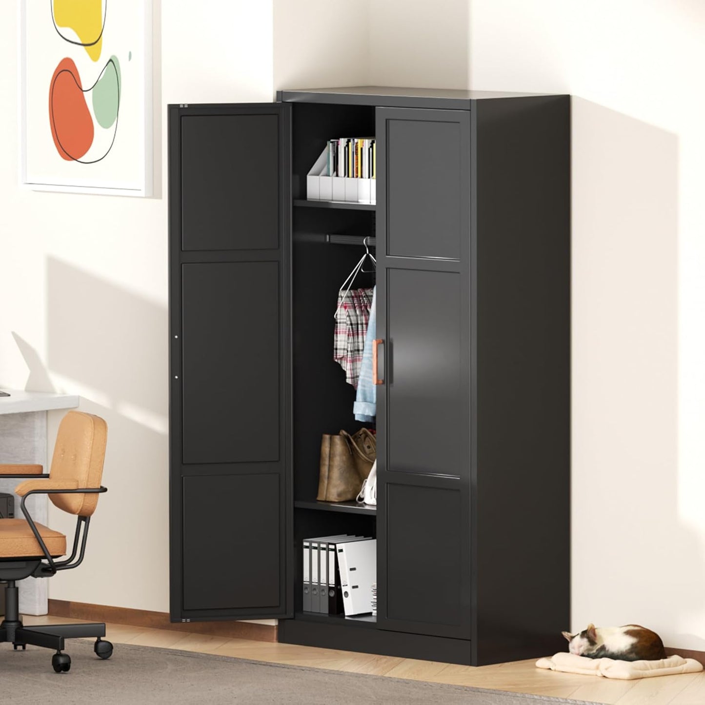 Metal Wardrobe Closet, 72" H Bedroom Armoires with Wooden Handle, Storage Cabinet with Adjustable Shelves and Hanging Rods, Steel Storage Locker Closet for Home, Office, Employee, Gym (Black)