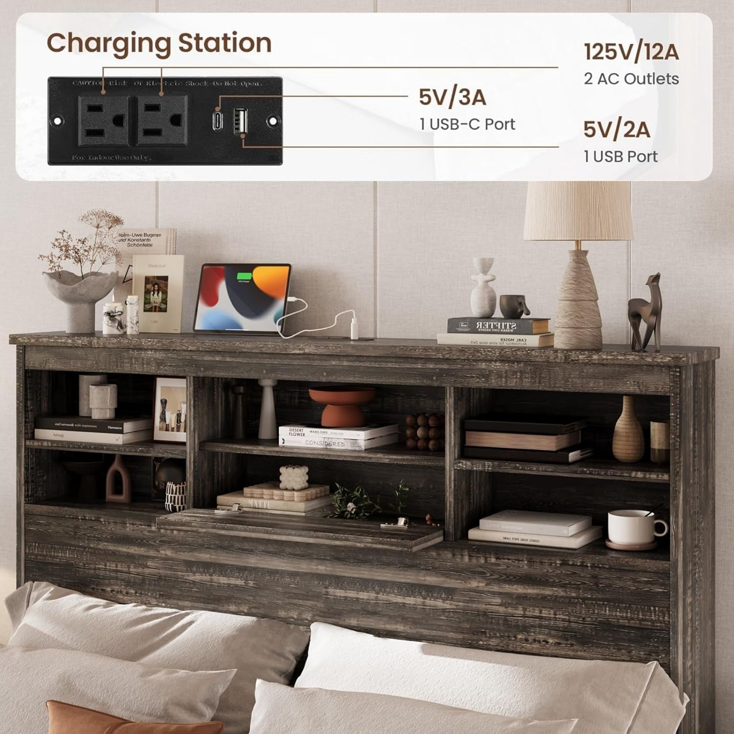 4-Pcs Queen Size Bed Frame Dresser Night Stand Bedroom Set, Platform with USB Charging Ports Storage Headboard & 1 X 5 Drawers Cabinet & 2 X Nightstands, Wooden, Antique Grey