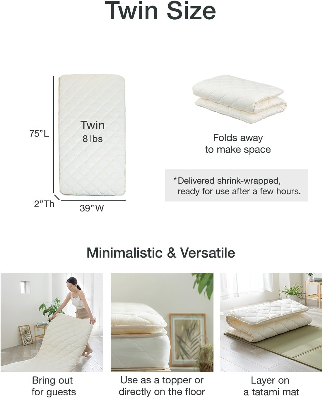 Japanese Futon, Twin Size, White - Foldable Shikibuton Floor Bed - Medium Firm Quilted Cotton Sleeping Pad, Portable Roll-Up Japanese Floor Bed for Guests & Small Spaces