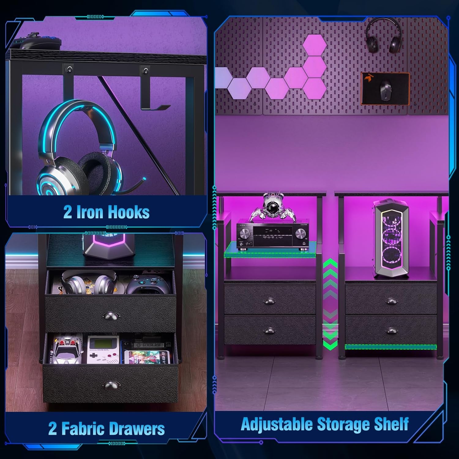 66'' L Shaped Gaming Desk with Drawers and Storage Shelves, Reversible Corner Desk with Power Outlets and Host Stand, Large Computer Desk with Led Lights for Gaming, Work, Home Office, Black