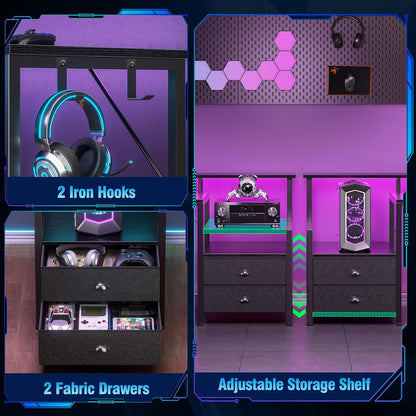 66'' L Shaped Gaming Desk with Drawers and Storage Shelves, Reversible Corner Desk with Power Outlets and Host Stand, Large Computer Desk with Led Lights for Gaming, Work, Home Office, Black