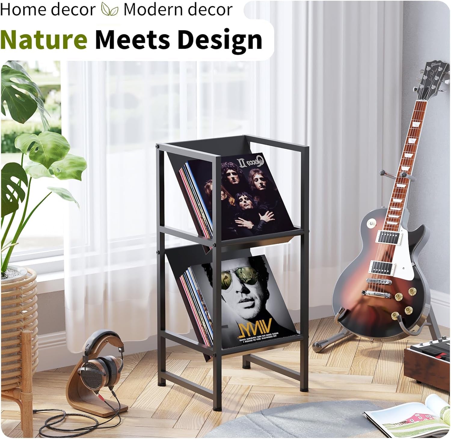 Conceptual Design Vinyl Record Storage, 2 Tier Black Metal Record Holder, Stylish Storage Solution for Your Collection