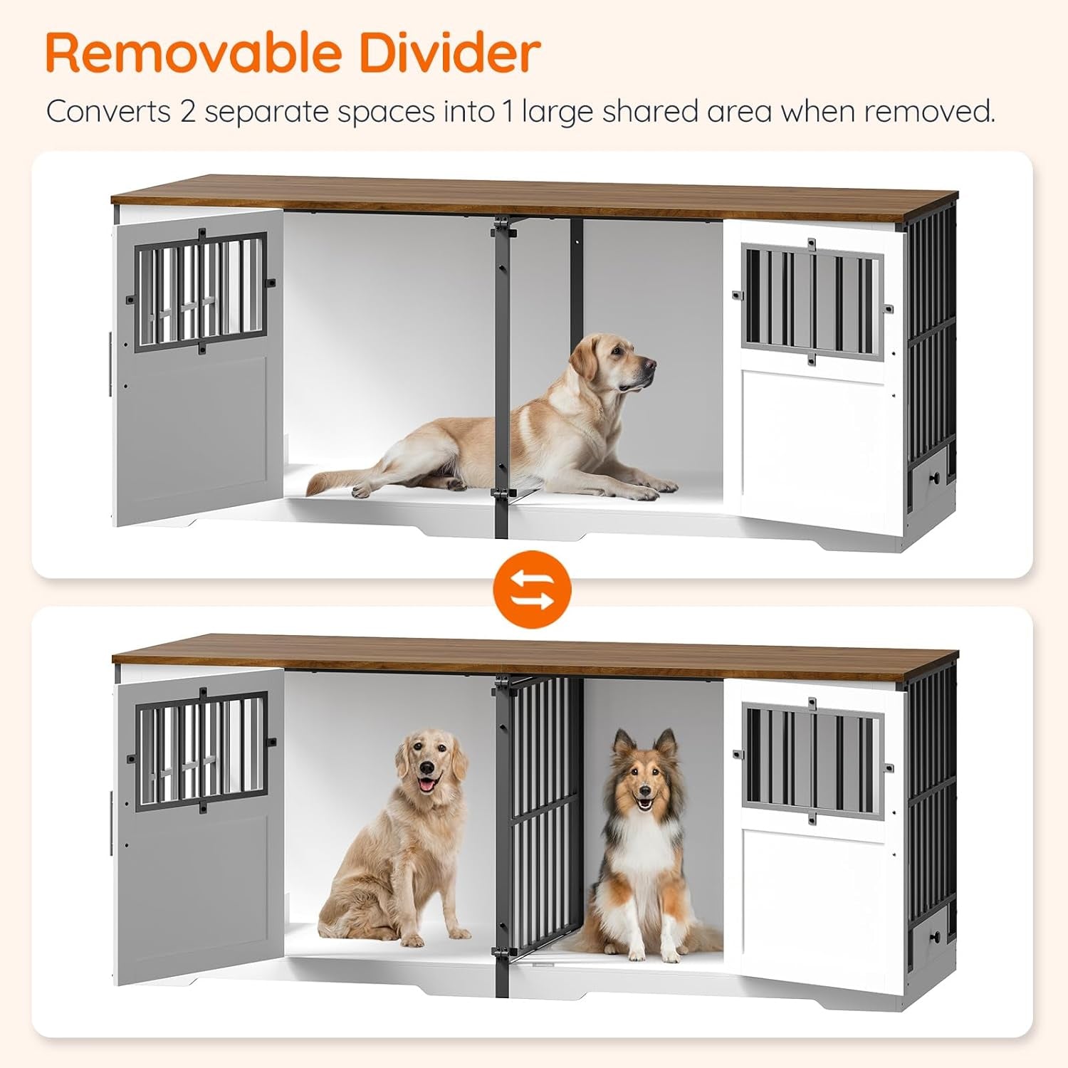 72'' Dog Crate Furniture for 2 Dogs, Extra Large Farmhouse Dog Kennel with Removable Divider, Pull-Out Dog Bowls, Heavy Duty Dog Crate TV Stand, White and Walnut BWH82GW03