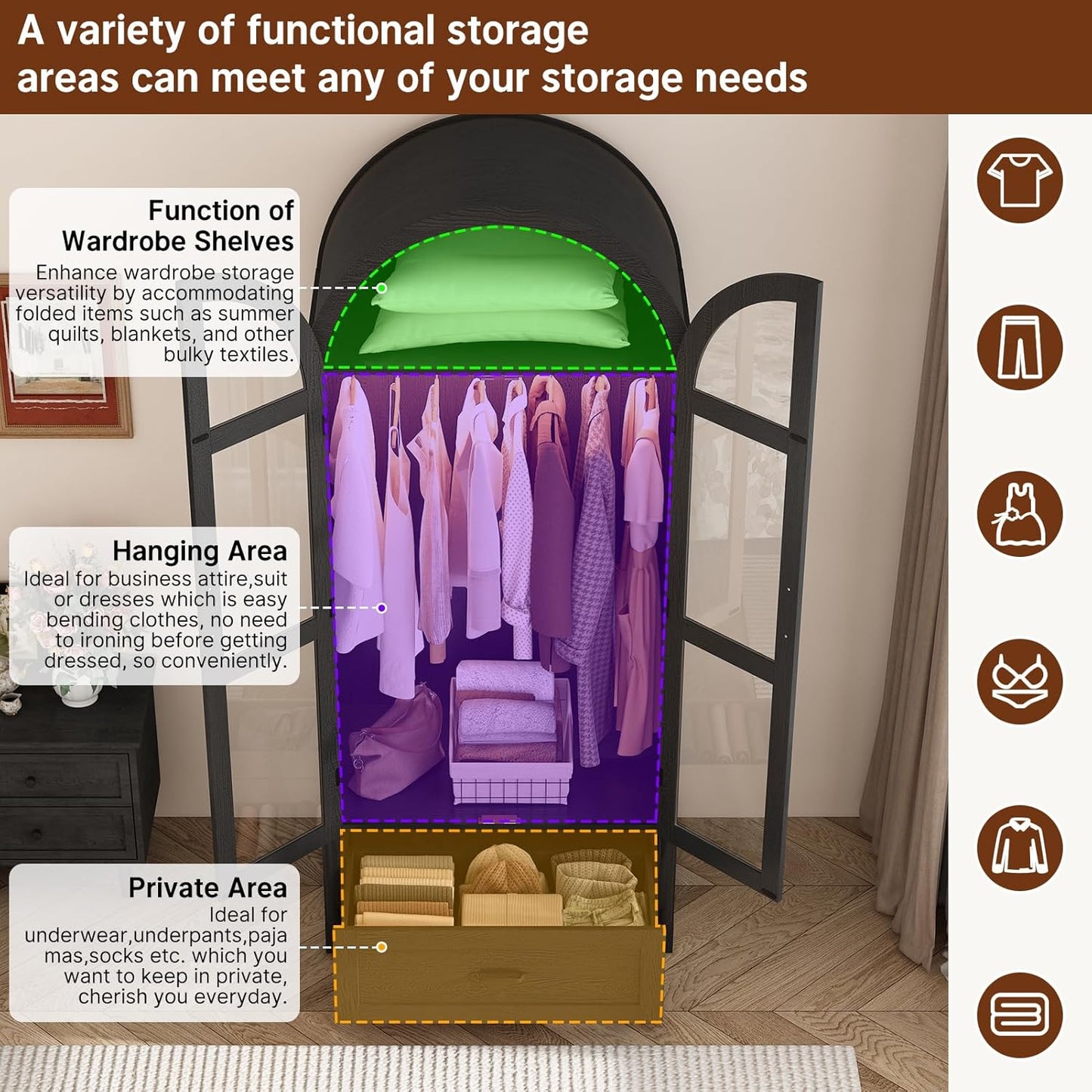 2 Doors Arched  W/Drawers,Led Light,Wooden Closet Wardrobe Cabinet with Hanging Rod for Bedroom,Modern Armoire Storage Cabinet W/Shelf,Black