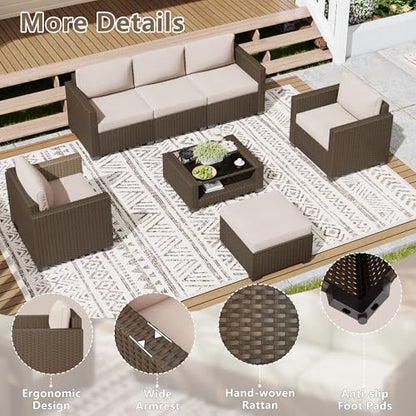 7 Piece Outdoor Patio Furniture Set, Rattan Chairs Glass Table Wicker Conversation Seating Sectional Sofa with Cushions (Brown-Beige, 7Pcs-2 Layer Coffee Table)