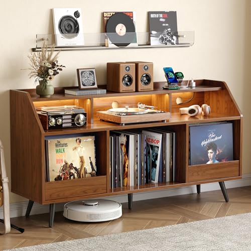 55 Inch Record Player Stand with LED Light, Walnut, view 2