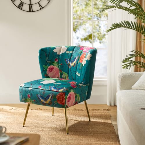Accent Chair with Golden Metal Legs, Comfy Tufted Wingback Living Room Chair Floral Fabric Small Armless Side Chair, Upholstered Slipper Chair for Bedroom, Reading Room Flower Print