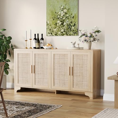 Natural Rattan Storage Cabinet with Shelves, 4-Door Sideboard Buffet Cabinet, view 4