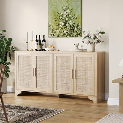 Natural Rattan Storage Cabinet with Shelves, 4-Door Sideboard Buffet Cabinet, view 4