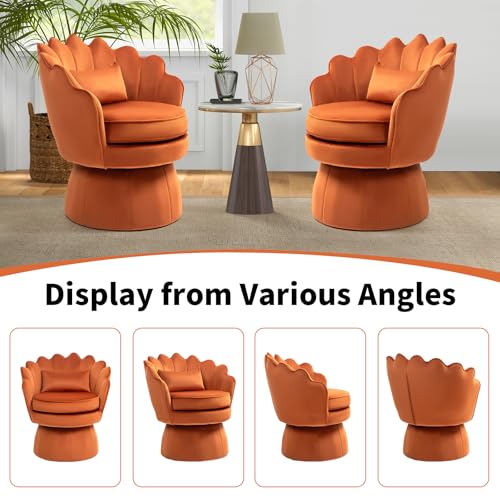 360° Swivel Accent Chair, Mid-Century Modern Velvet Barrel Chair, Comfy Shell Shape Arm Chair with Lumbar Pillow for Living Room, Bedroom, Office, Orange