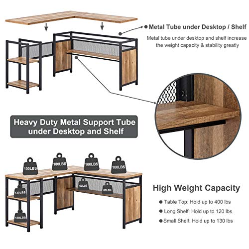 L Shaped Computer Desk with Wood Shelves, Industrial Rustic Home Office Corner Desk with Metal Legs (Rustic Oak, 59 Inch)