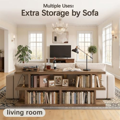 63" Low Bookcase Long Bookshelf, Wide Storage Shelves, Rustic Brown, view 6