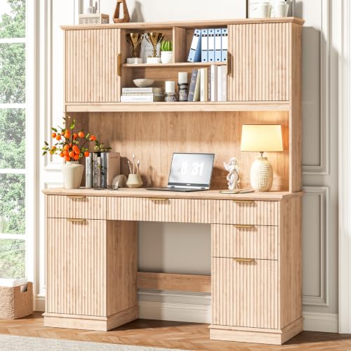 Farmhouse Executive Desk with 5 Drawers & 3 Storage Cabinets,Oak, view 2