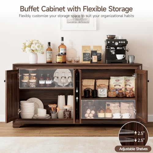 60" Buffet Cabinet with Storage, Sideboard Buffet Table Brown, view 5