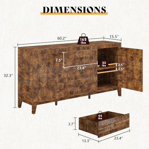 60" High Gloss Burl Buffet Sideboard Storage Cabinet with Drawers, view 3