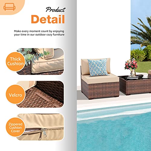 3 Piece Patio Furniture Set, Outdoor Sectional Sofa, PE Wicker Rattan Conversation Set, All Weather Armless Chair and Ottoman with Coffee Table, Brown Wicker Beige Cushion
