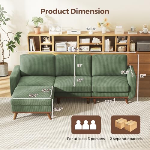 97" L-Shape Modular Sofa, 3-Seat Corduroy Couch with Movable Ottoman, Sectional Sofa for Living Room, Green