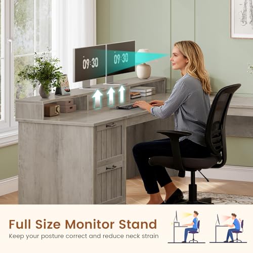 Farmhouse 63" L Shaped Desk with Drawers and Storage Cabinet, view 7