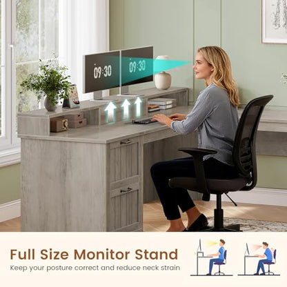 Farmhouse 63" L Shaped Desk with Drawers and Storage Cabinet, view 7