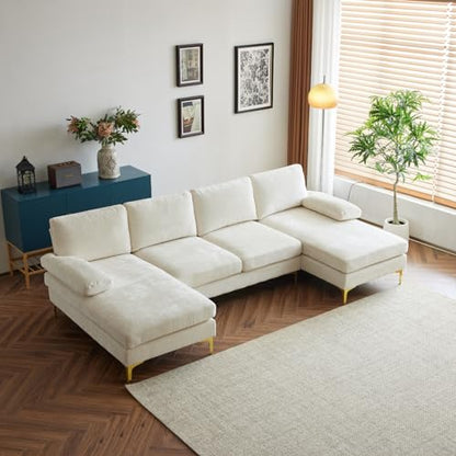 110" Sectional Sofa U-Shaped 4-Seat Couch, Beige | Double Chaise, Chenille Fabric Upholstered, Metal Legs, Room Divider, For Living Room, Apartment, Office, Studio