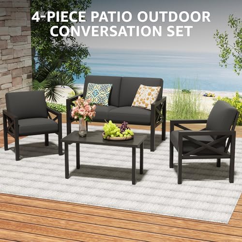 Outdoor Patio Furniture 4 Pieces Set, Modern Patio Conversation Sets, Outdoor Sectional Metal Sofa with 5.5 Inch Cushion and Coffee Table,Black