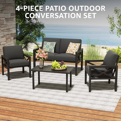 Outdoor Patio Furniture 4 Pieces Set, Modern Patio Conversation Sets, Outdoor Sectional Metal Sofa with 5.5 Inch Cushion and Coffee Table,Black
