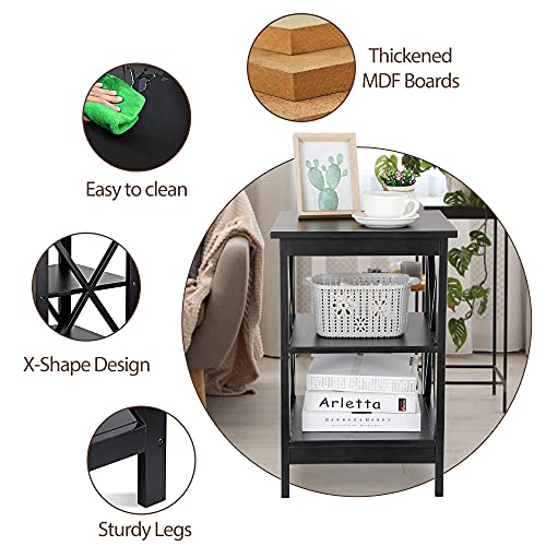 End Table 3-Tier X-Design Side Table with Storage Shelves Sofa Side Table Storage Organizer Display for Bedroom, Living Room, Office, Nursery Room, Black