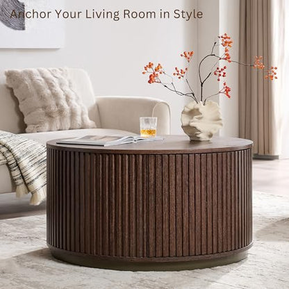 33" Round Coffee Table with Storage, Natural Walnut | Fluted Drum Coffee Table, Hidden Push-to-Open Drawer