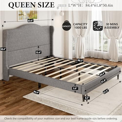 Queen Size Upholstered Platform Bed Frame, Light Grey, view 3