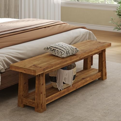 55" Solid Wood Entryway Bench with Shoe Storage, Rustic Wood Grain Shoe Rack Window Bench Seat for Foyer, Hallway, Mudroom, Bedroom, Easy Assembly (Rustic Wood)