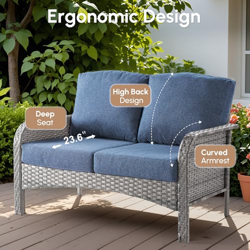 4 Pieces Wicker Patio Furniture - All-Weather PE Wicker Outdoor Conversation Bistro Set Loveseat Chairs with Table,Outdoor Rattan Sofa Chair High Back Deep Seating,Blue