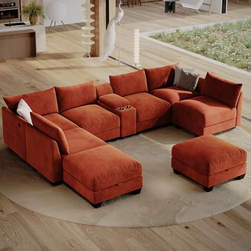 136.4" Modular Sectional Sofa, U-Shaped 8 Seater Sectional Sofa with Storage Ottoman, Linen L-Shaped Couch Large Cloud Couch with Cup Holders & USB for Living Room（Orange
