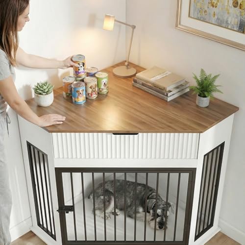 44.6'' Corner Dog Crate Furniture, Wooden Dog Crate with Storage Drawer, view 5