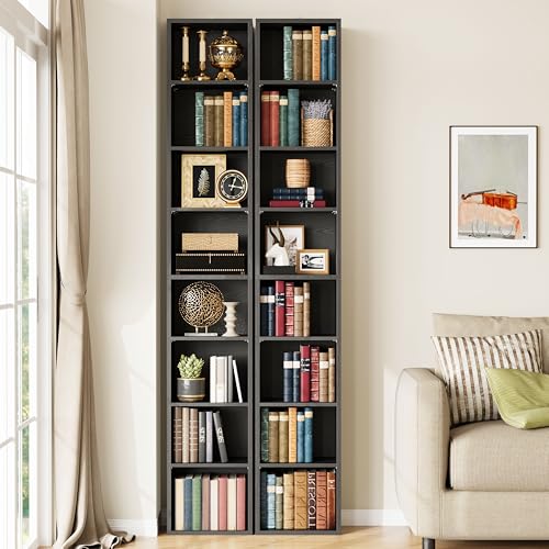 Tall Narrow Bookshelf 8 Tiers 71in Set of 2, Compact Corner Bookcase, Easy to Match for Living Room, Office, Study, Bedroom