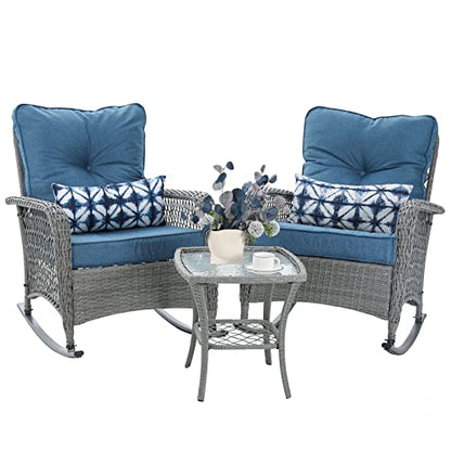 Patio Furniture Set 3 Pieces, Wicker Rocking Bistro Set with Thick Cushions, Outdoor Rocker Chairs and Coffee Table for Porch, Backyard or Garden (Blue)