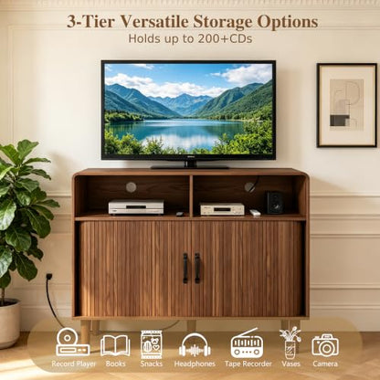 Fluted TV Stand with Storage Cabinets Media Console Table for Bedroom, view 5