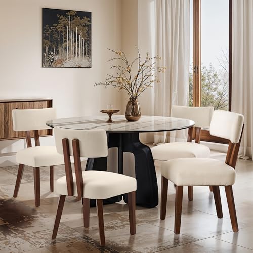 Dining Chairs Set of 4, Mid Century Modern Kitchen Chair Linen Fabric Side Chairs with Curved Backrest for Kitchen, Dining Room, Restaurant, or Patio, Off-White