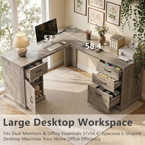 L Shaped Executive Desk with Storage, 4 Drawers, Grey, view 7